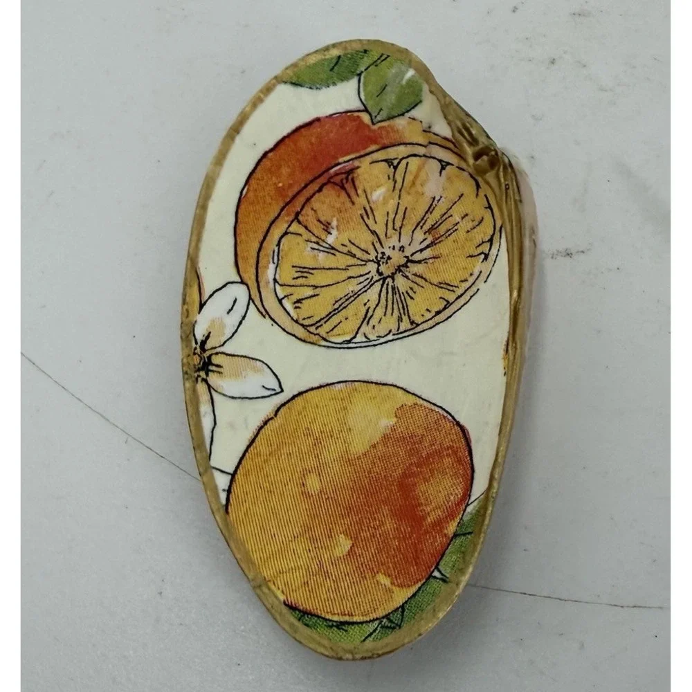 Coastal Citrus Pattern Clam Shell Jewelry  Dish Gold Trim Beach Nautical Decor